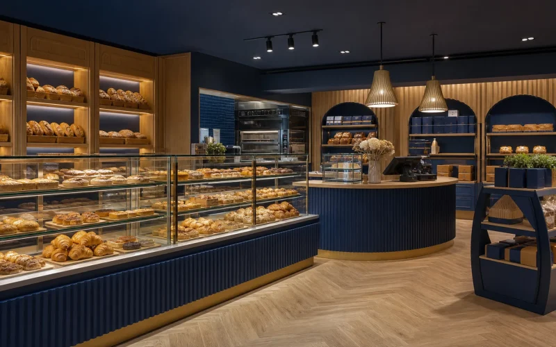 Premium Ouyee bakery interior featuring glass showcases, paneled counters, wall cabinets and display islands for how to do bakery branding