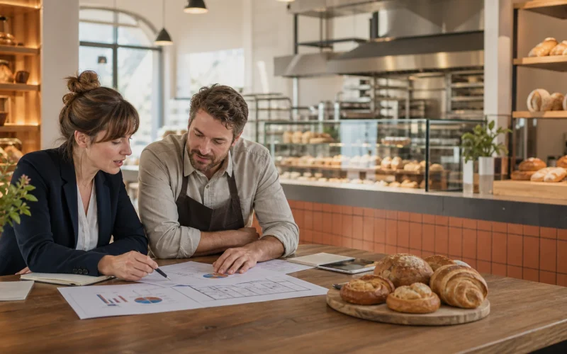 Bäckereibesitzer, der einen Geschäftsplan von Ouyee Display überprüft