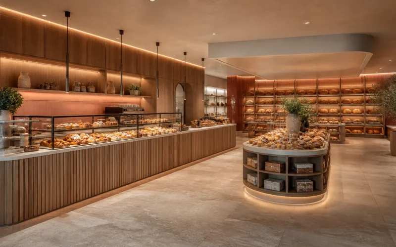 Decorazione di panetteria di lusso con vetrine in vetro per pasticceria Ouyee, banconi con pannelli scanalati, armadi a parete illuminati per pane e isola centrale