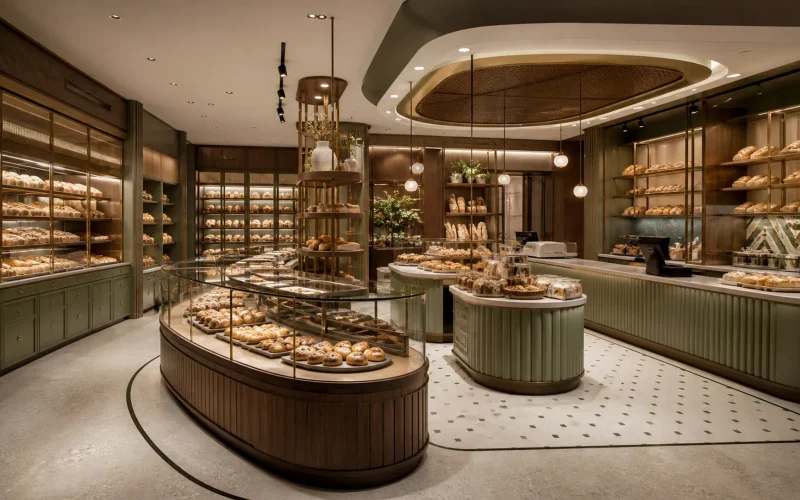 Premium Ouyee bakery interior featuring glass showcases, paneled counters, wall cabinets and display islands for bakery design ideas