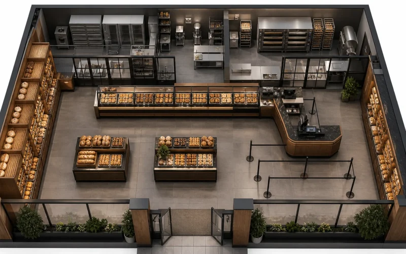 Premium Ouyee bakery interior featuring glass showcases, paneled counters, wall cabinets and display islands for bakery floor plan