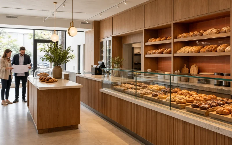Potenzielle Bäckereimieter, die einen Grundriss neben Ouyee-Glasvitrinen, Service-Theken und Brotwand-Schränken prüfen