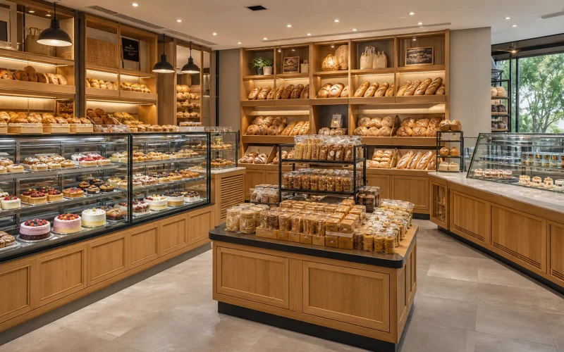Premium Ouyee bakery interior featuring glass showcases, paneled counters, wall cabinets and display islands for bakery goods