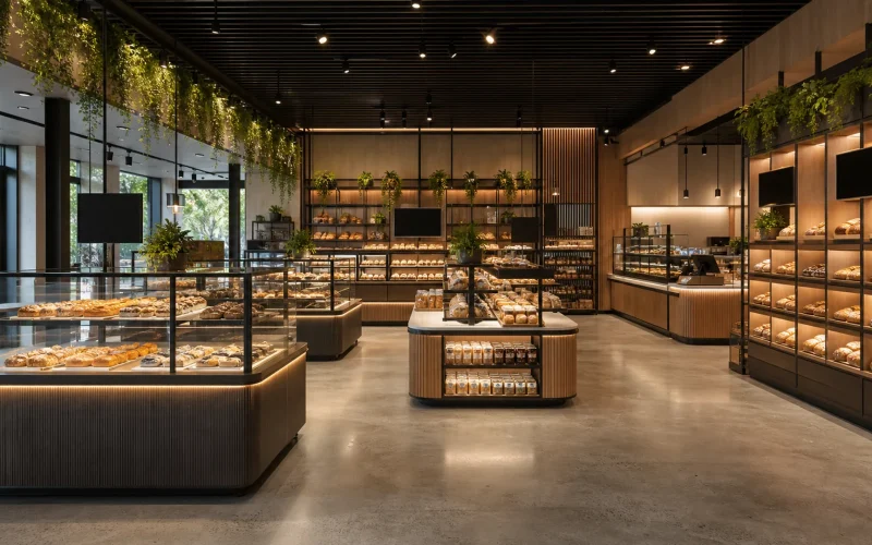 Premium Ouyee bakery interior featuring glass showcases, paneled counters, wall cabinets and display islands for bakery industry trends