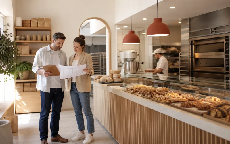 Bakery owners planning startup costs in a fitted bakery by Ouyee Display