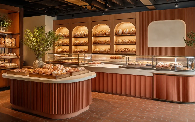Premium Ouyee bakery interior featuring glass showcases, paneled counters, wall cabinets and display islands for bread shop names