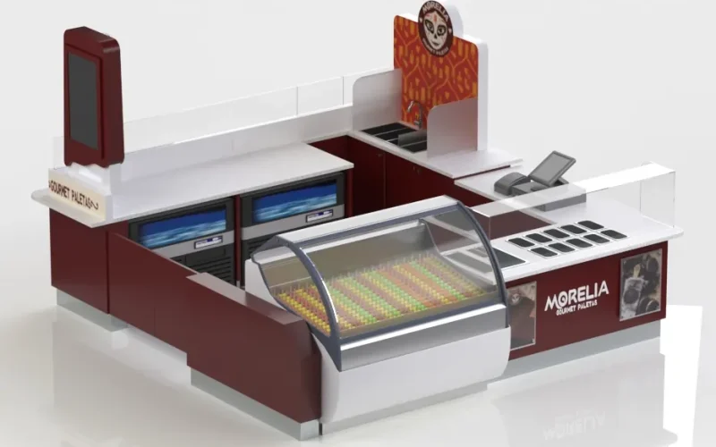 Brown and burgundy ice cream kiosk product rendering with glazed freezer display, service counter and payment point