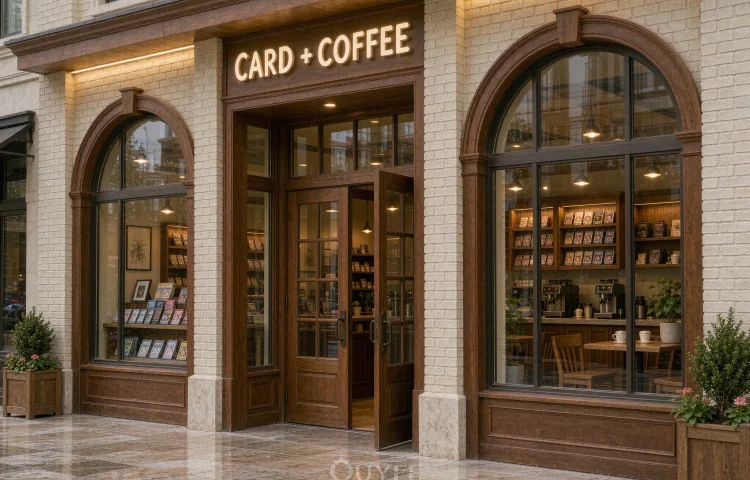 Esterno della vetrina del Caffè e Negozio di Carte Calde, vista 1
