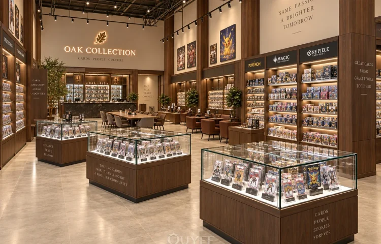 Interni della boutique di carte da collezione con accento dorato e vetrine espositive, vista 1