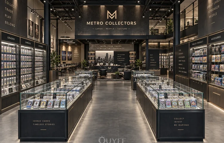 Intérieur du magasin de cartes à collectionner Métro sombre avec armoires d’exposition, vue 1