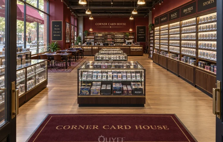 Interior de la tienda de tarjetas de colección burdeos con vitrinas de exhibición, vista 1