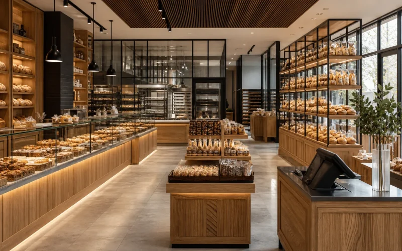 Komplettes Ouyee-Bäckereiinne mit Glastorten-Auslagen, Eichenpaneel-Theken, Wandbrotkästen und Ausstellungsinseln