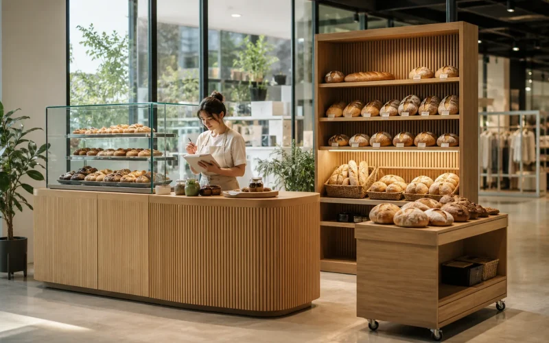Proprietario di una panetteria a basso budget che utilizza una vetrina in vetro Ouyee compatta, banco modulare con pannelli, scaffalature per pane e isola mobile