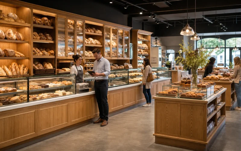 Bäckereileiter und Personal, die ein Geschäft mit Ouyee Glasgebäckvitrinen, Service-Theken, Brotwand-Schränken und Inselanzeigen betreiben
