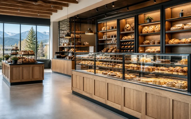 Modern Idaho bakery with Ouyee glass pastry showcases, oak paneled counters, bread wall cabinets and display island