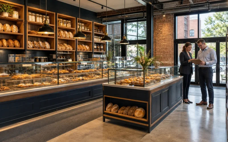 Inspection sanitaire des boulangeries en France à côté des vitrines en verre Ouyee, comptoirs en panneaux de charbon, armoires murales à pain et îlot