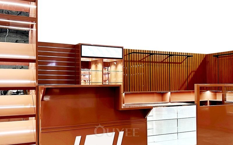 Modular coffee service counter front and back-bar wood panels in the workshop