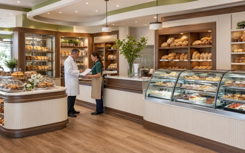 Planung der Bäckereigenehmigung in Deutschland neben Ouyee gebogenen Glastheken, Paneeltheken, Brotwand-Schränken und Inseln