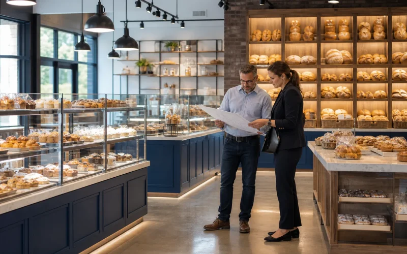 Planung der Bäckereigenehmigung in Deutschland neben Ouyee-Glasvitrinen, blauen Paneelen, Brotschrankwänden und Inseln