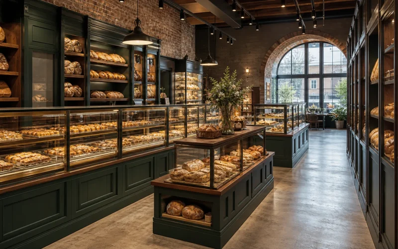 Modern Pennsylvania bakery with Ouyee glass pastry showcases, paneled counters, bread wall cabinets and display island