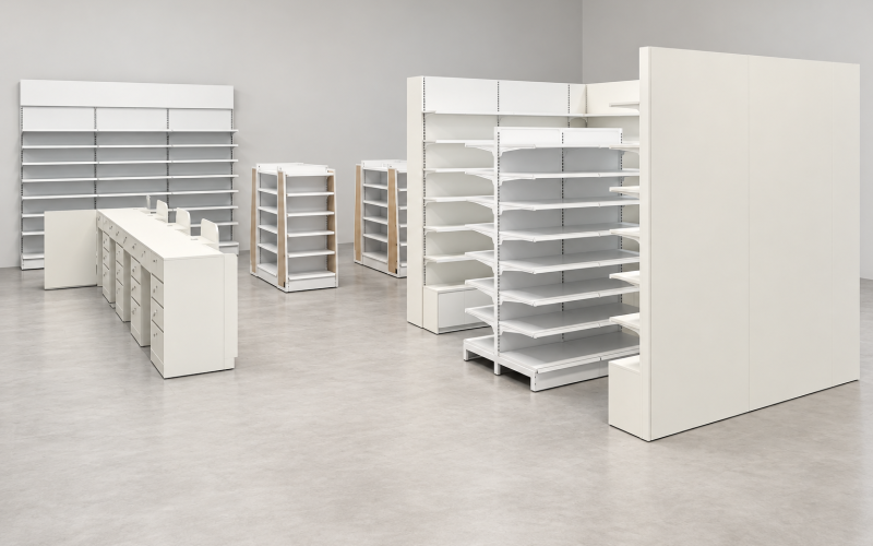 Reference illustration of white pharmacy gondolas, perimeter shelving and matching counters