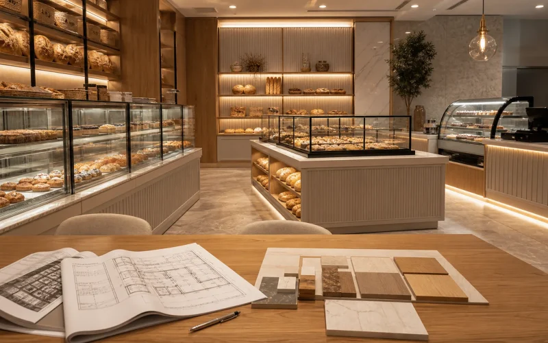 Intérieur de boulangerie Ouyee premium avec vitrines en verre, comptoirs à panneaux, armoires murales et îlots d'exposition pour devis pour boulangerie