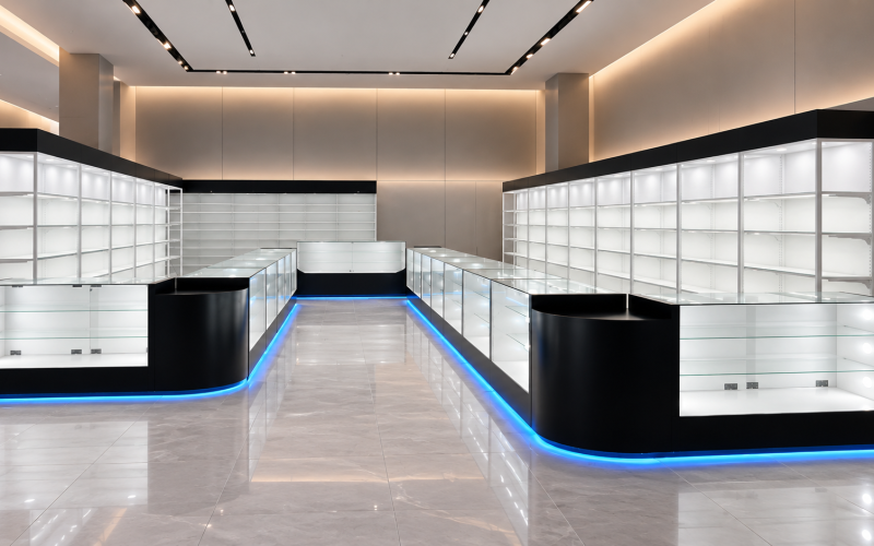 Illustration of separate black glass showcase counter runs with white interiors and blue base lighting