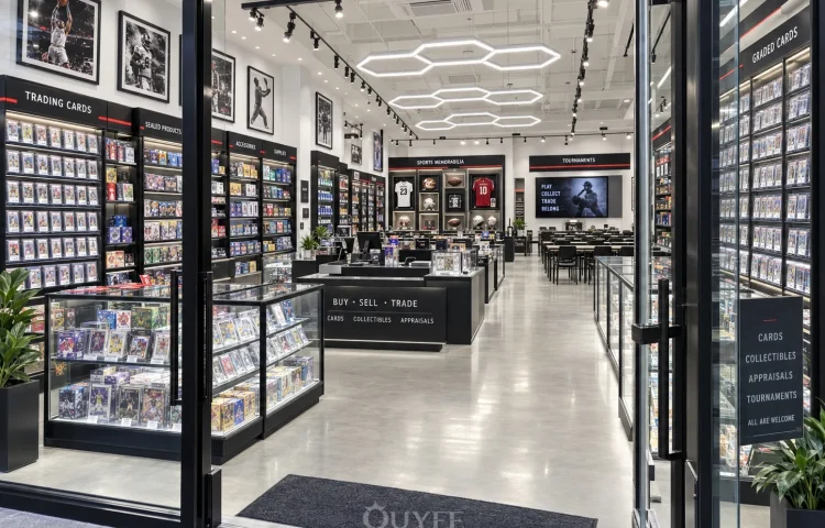 Geometric Sports Card Shop Interior Design interior with card display cabinets, view 1