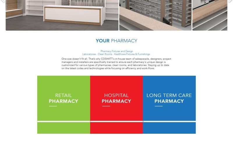 Page d'accueil des fixtures et de la conception de la pharmacie COSHATT Rx