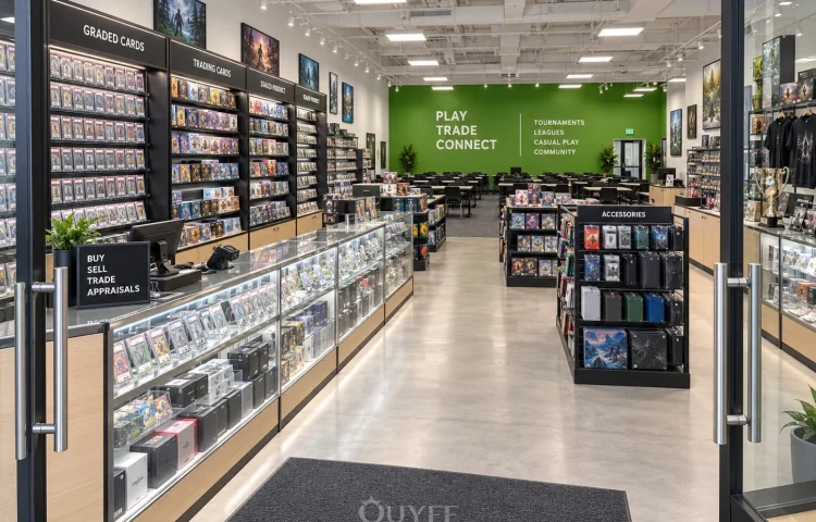 Interior de la tienda de cartas coleccionables con acento verde con vitrinas de exhibición de cartas, vista 1
