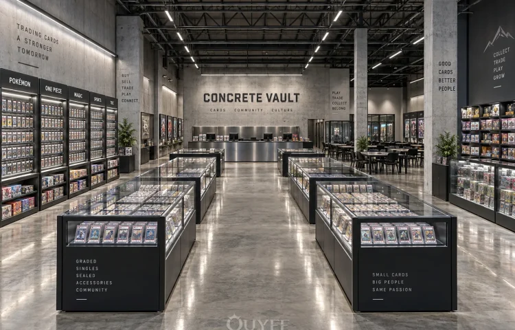 Innenansicht des industriellen Beton-Sammelkarten-Safe-Designs mit Kartendisplayschränken, Ansicht 1