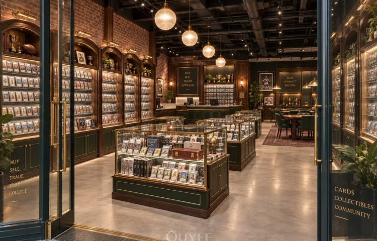 Dark Timber Trading Card Store Interior Design interior with card display cabinets, view 1