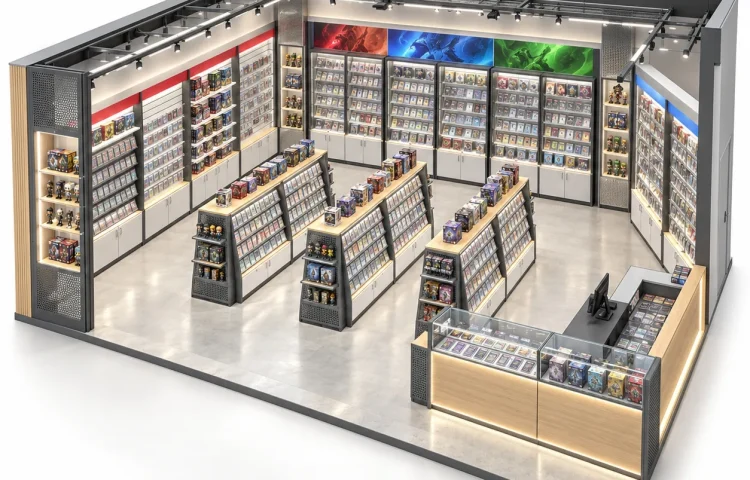 ホワイトモジュラーカードストアレイアウト3D備品配置、ビュー1