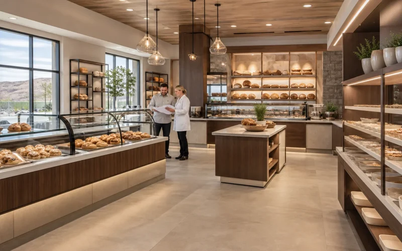 Utah bakery permit planning beside Ouyee glass showcases, walnut counters, bread wall cabinets and island