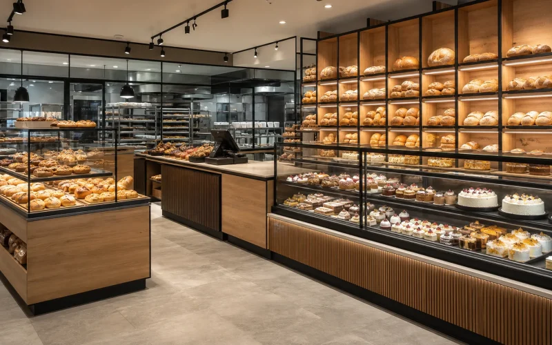 Premium Ouyee bakery interior featuring glass showcases, paneled counters, wall cabinets and display islands for what is bakery