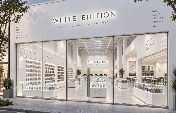 Fachada de la boutique de tarjetas de colección con arco blanco, vista 1