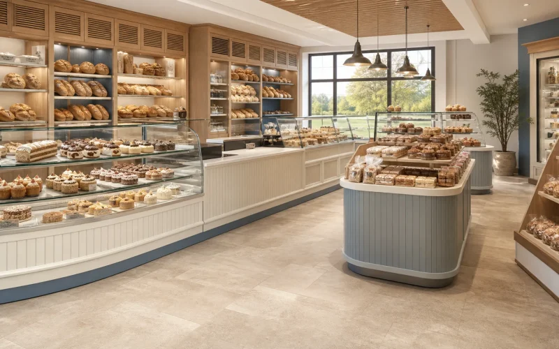 Modern Wisconsin bakery with Ouyee glass pastry showcases, paneled counters, bread wall cabinets and display island